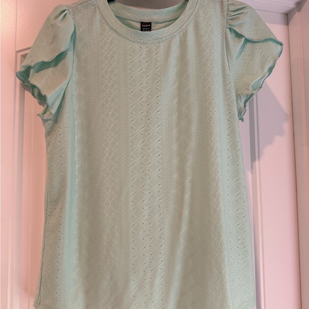 SHEIN Mint Eyelet Puff Sleeve Short Sleeve Tee